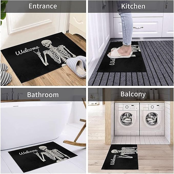 Funny Halloween Skull Doormat 17" x 29" Non-Slip Indoor Outdoor Skull Welcome Mat with Spooky Skull Design for Front Door, Porch, Kitchen, or Entryway Decor