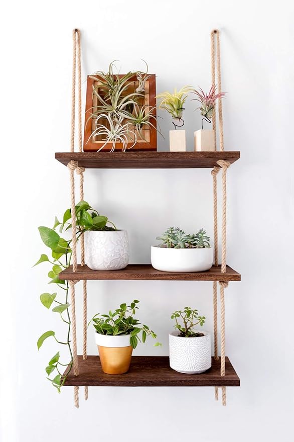 Mkono Hanging Shelves 3 Tier Rustic Wood Floating Wall Shelves Photo Plant Display Hanging Storage Shelf Home Decor for College Dorm Room Decor Bathroom Living Room Bedroom Apartment