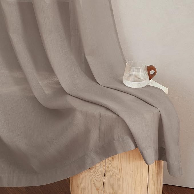 NICETOWN Linen Sheer Curtains 96 inches Long, (Burlap) Grommet Semi Sheer Flax Textued Vertical Drapes Privacy with Light Filtering for Living Room/Farm House, W52 x L96, 1 Pair
