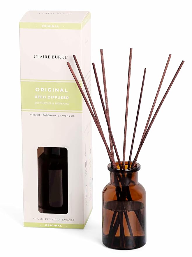 Claire Burke Original Reed Diffuser Oil Starter Kit with Amber Glass Vessel and Rattan Reeds for Home