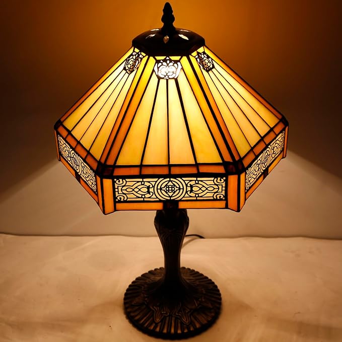 WERFACTORY Tiffany Lamp Yellow Hexagon Stained Glass Mission Style Table Lamp Desk Bedside Reading Light 12X10X18 Inches Decor Bedroom Living Room Home Office S011 Series