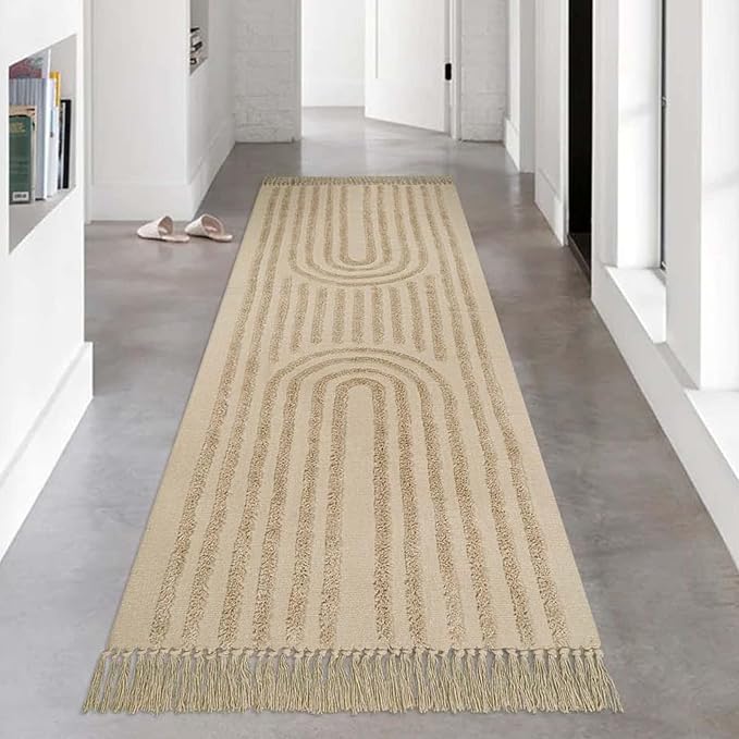 LEEVAN Washable Hallway Runner Rug 2.6'x8', Boho Rainbow Rug Runner, Hand-Woven Entryway Rug with Tassels, Farmhouse Bathroom Rug, Cotton Tufted Rugs for Bedroom, Long Carpet Sink Foyer(Tan)