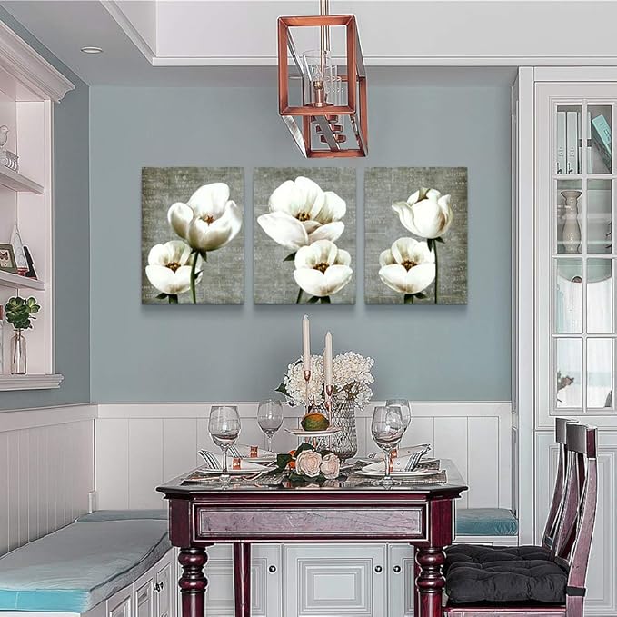 Living Room Wall Decor Canvas Wall Art For Bedroom Bathroom Wall Painting Artwork Gray Green Vintage Style White Flowers Abstract Pictures Wall Decorations For Kitchen 3 Panels Modern Family Decor