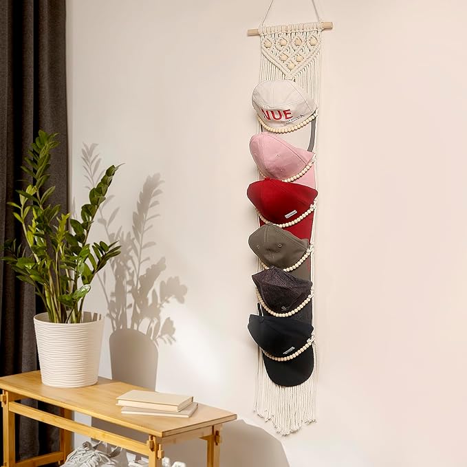 Ball Cap Hanger-1 Pack-Boho Macrame Cap Holder Wall Hat Organizer for Baseball Cap Holder Over Door, Hat Rack for Wall, Cap Rack for Decoration and Display,