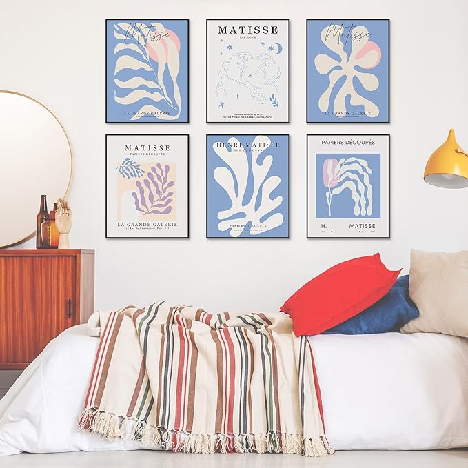 Habseligkeit Blue Matisse Wall Art Prints, Retro Abstract Posters for Girls Room Aesthtic, Girls Dorm Wall Decor Set of 6, 8x10 in