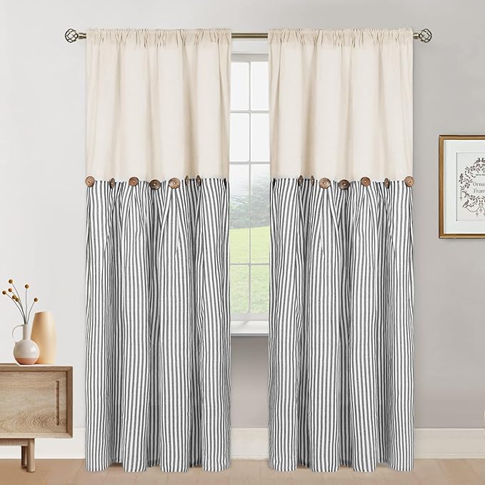 ASPMIZ Cotton Linen Farmhouse Curtains Boho Rustic Button Curtain, Linen Window Curtain Panels, Grey Stripe Country Curtains for Bedroom, Back Tab Modern Drapes for Windows 52 x 84 Inch, 2 Panels