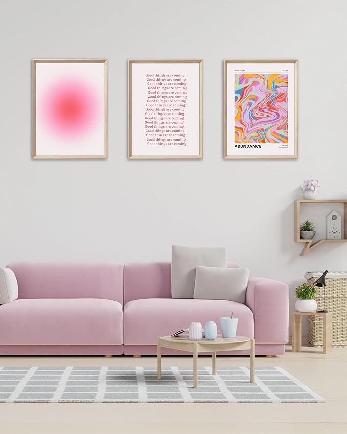 Framed Abstract Pink Canvas Wall Art,Retro Gradient Canvas Wall Decor,16x12IN High Framed Wood Design Print,Minimalist Classic Décor Aesthetic for Living Room,Bedroom,Bathroom Set of 3