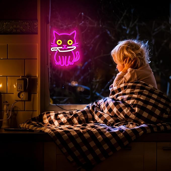 Cat Neon Sign for Wall Decor,Dimmable Cute Cat with Knife Neon Light,Funny Pink Animal Light Up Signs for Bedroom Party Bar Background Decoration
