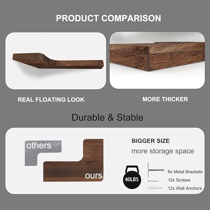 SAUMONIERES Corner Floating Shelves Wall Mount Shelf Solid Wood for Bedroom Bathroom Room Kitchen Storage Set of 3, Rustic Brown, Invisible Brackets