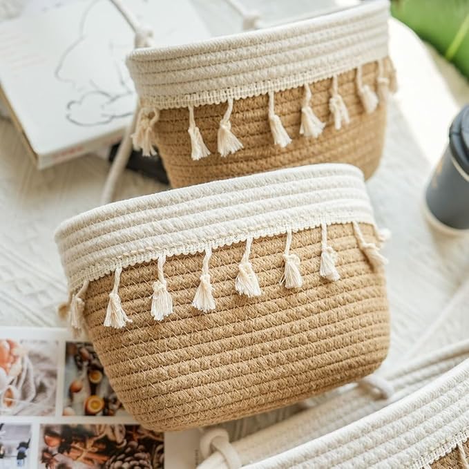 TeoKJ 3-Tier Cotton Rope Baskets with Tassels Over the Door Wall Hanging Baskets for Nursery, Living Room, Bathroom, Door Storage Organizer for Decoration Jute&White