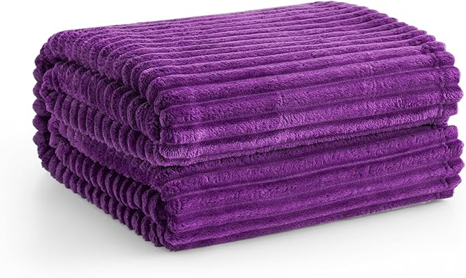 Vessia Flannel Fleece Throw Blanket for Couch,Sofa,Bed, 300GSM Striped Purple Blanket for Adults and Kids, Super Soft Warm Cozy Lightweight Ribbed Throw for All-Season