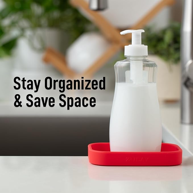 Zulay Small Silicone Sponge Holder (4.9x3.3”) – Space-Saving Sink Organizer Tray for Sponge, Soap, Brush & More – Compact Non-Slip Dish for Kitchen & Bathroom (Red)