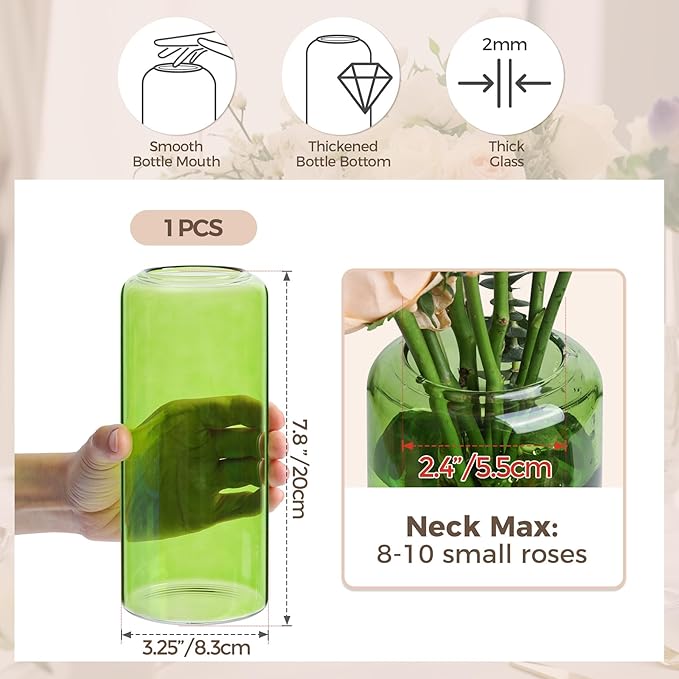 ComSaf Glass Flower Vase, 8 Inch Tall Bud Vases, Home Decor Vases for Centerpiece for Living Room and Bedroom, Decorative Vases for Wedding, Valentines' Day, Mother's Day (Green)