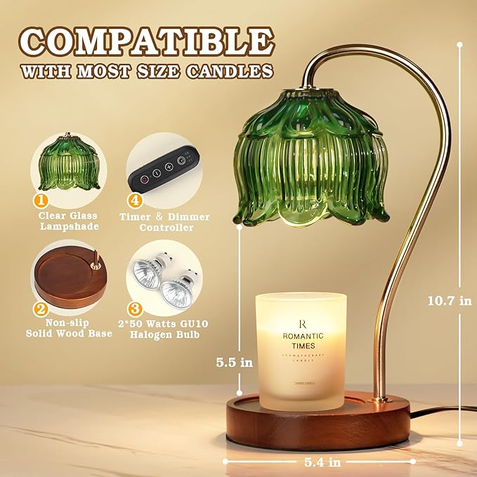 Green Candle Warmer Lamp with Timer, Dimmable Flower Candle Lamp Warmer, Birthday Gifts for Women, Mom, Female Friend, Glass Vintage Candle Lamp, Aromatic Candle Warmer Light for Vintage Room Decor