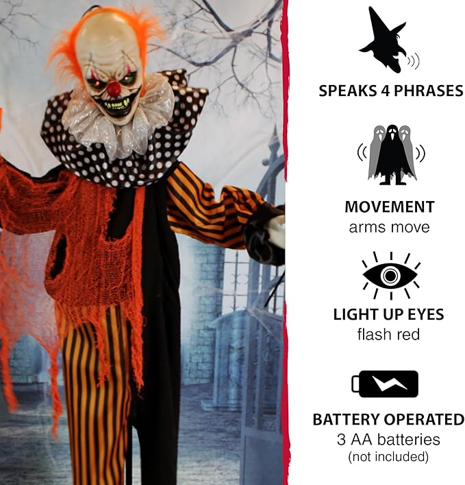 Haunted Hill Farm Life-Size Scary Talking Clown, Halloween Animatronic with Motion and Touch Activated Lights and Sounds, Battery Operated Indoor or Covered Outdoor Halloween Decorations