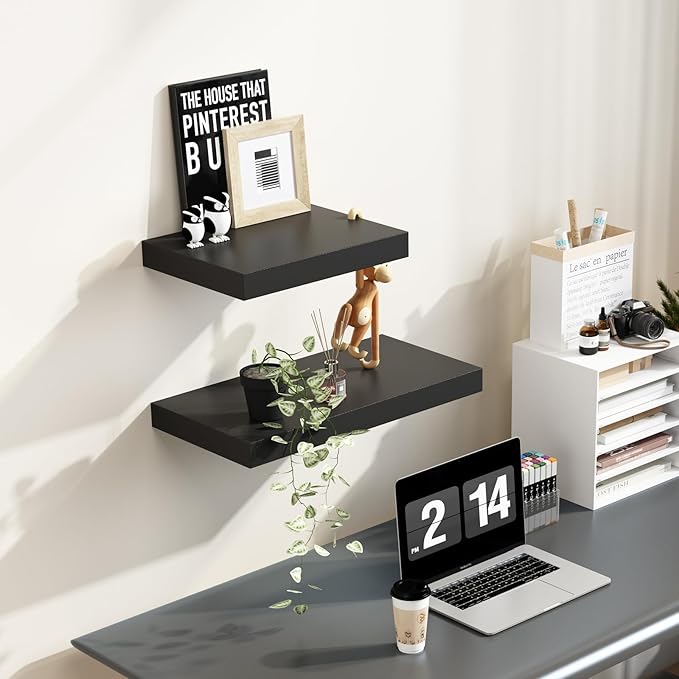 WELLAND 16 inch Black Mission Floating Shelves for Wall, Bathroom Wall Mount Shelves, Wood Modern Display Shelves, Book Shelves,for Bedroom,Living Room and Kitchen