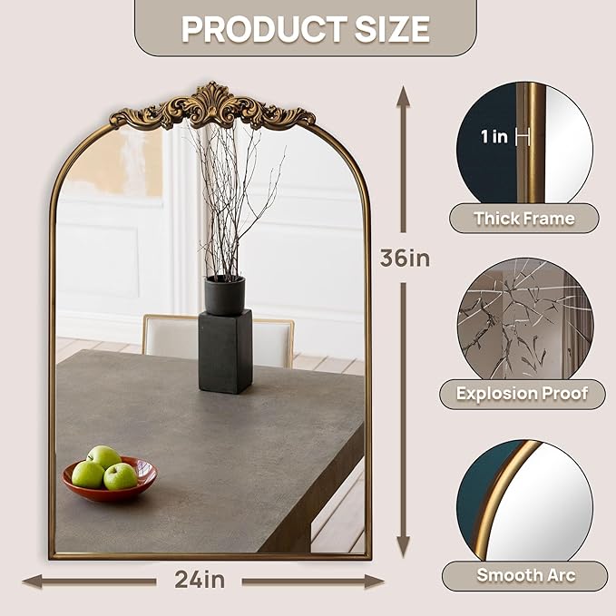 Ornate Baroque Vintage Gold Mirror - 24"X36" Arched Antique Brass Mirror with Full Metal Frame - Perfect for Entryway, Fireplace, Living Room, Hallway, or Bathroom Décor