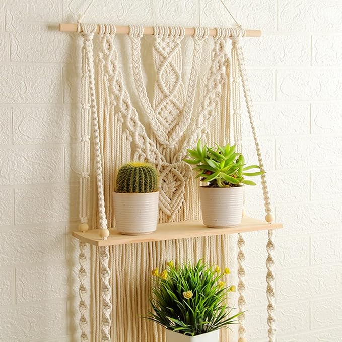 Mong Macrame Wall Hanging Shelf - Boho Hanging Shelves for Wall - Decorative Bohemian Floating Plants Room Storage Shelving Macrame Rope Decor Organizer Rack, 2 Tier Handmade Plant Shelves