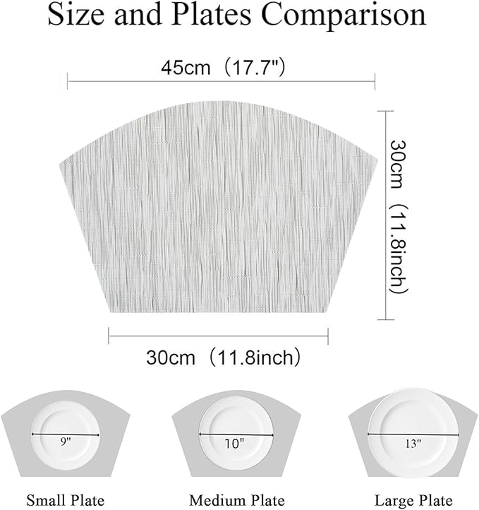SHACOS Small Round Table Placemats Wedge Placemat Set of 4 Non Slip Heat Resistant Woven Vinyl Table Mats Wipe Clean Indoor Outdoor (4, Gray White)
