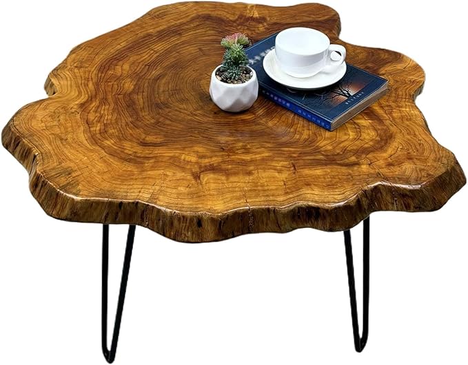Live Edge Coffee Table, Natural Wood Side Table for Living Room with Metal Hairpin Legs, Large Wooden Rustic End Table Desktop (Medium)