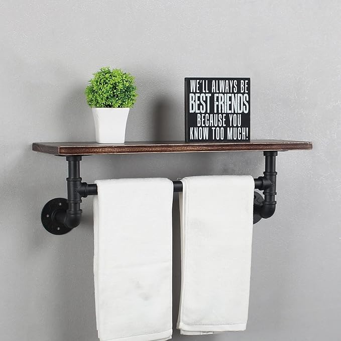Industrial Pipe Shelving - Iron Bathroom Shelf With Towel Bar, 24in Rustic Metal Floating Wall Shelf, 1 Tier Retro Black