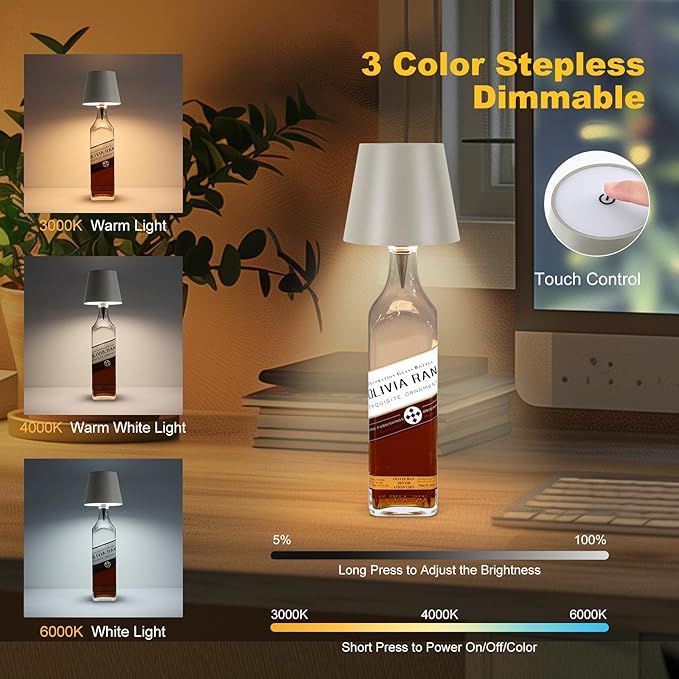 Wireless Bottle Lamp, 2025 New 3 Color Rechargeable Wine Bottle Lights for Bars Restaurants (Gray, 1PC)