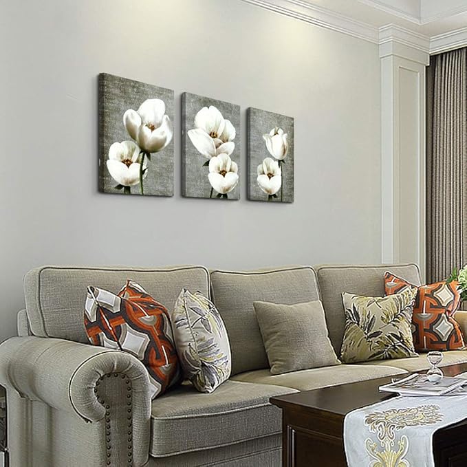 Living Room Wall Decor Canvas Wall Art For Bedroom Bathroom Wall Painting Artwork Gray Green Vintage Style White Flowers Abstract Pictures Wall Decorations For Kitchen 3 Panels Modern Family Decor