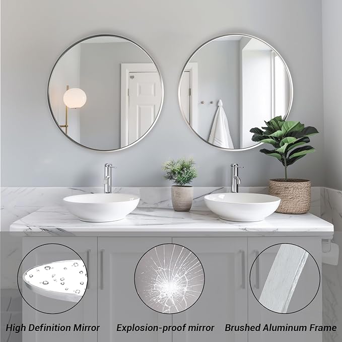 Silver Round Mirror 24 inch, Circle Mirror with Metal Frame, Silver Circle Mirrors for Living Room, Bathroom, Wall, Hallway.