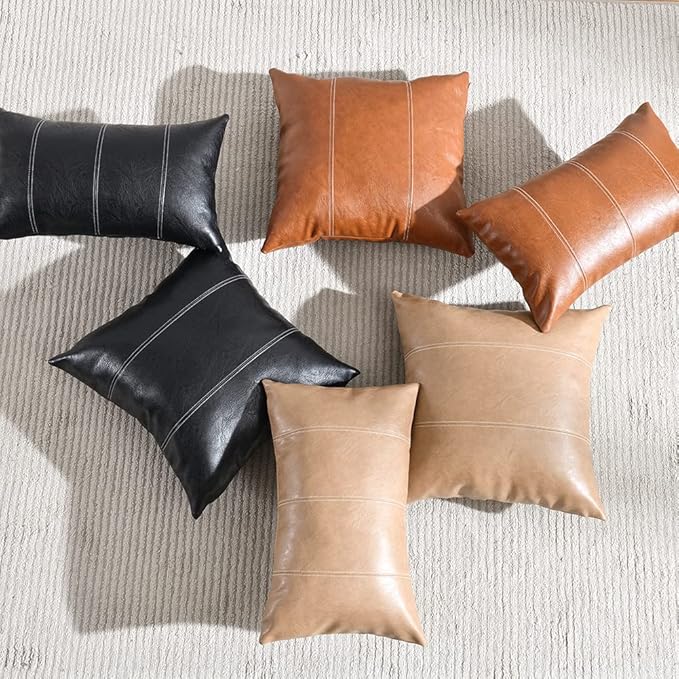 Fancy Homi 2 Packs Hand Stitched Faux Leather Decorative Throw Pillow Covers 20x20 Inch for Living Room Couch Bed, Brown Accent Square Cushion Case 50x50 cm, Rustic Modern Farmhouse Boho Home Decor