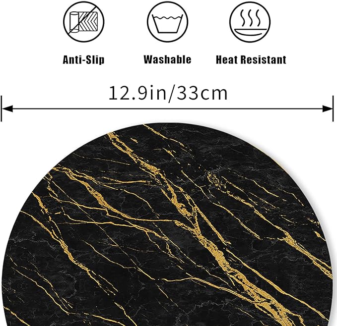 Round Leather Placemats Set of 4 PU Waterproof Non-Slip Washable Heat Resistant Place Mat for Kitchen Dining Table - Black Marble Gold Line