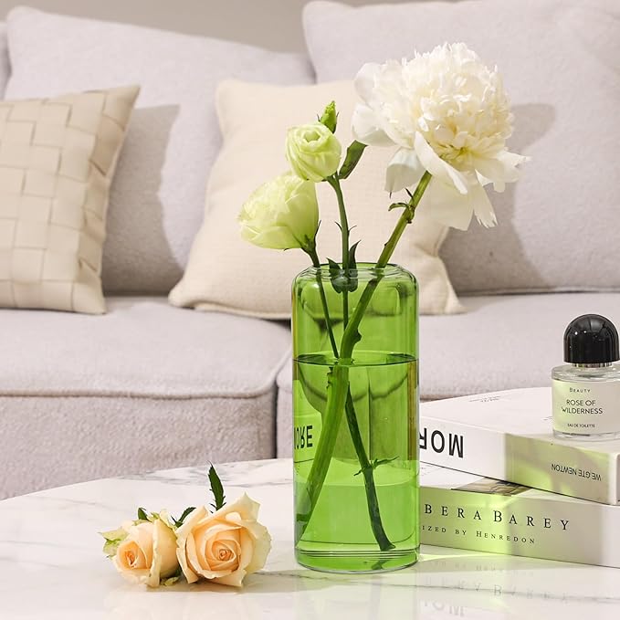 ComSaf Glass Flower Vase, 8 Inch Tall Bud Vases, Home Decor Vases for Centerpiece for Living Room and Bedroom, Decorative Vases for Wedding, Valentines' Day, Mother's Day (Green)