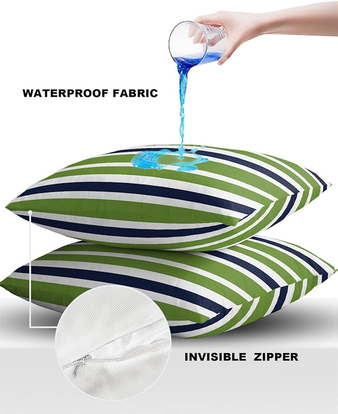 Outdoor Waterproof Throw Pillow Covers Set of 2 Navy Blue Green Stripes Decorative Outdoor Pillows Cushion Case 24x24 Inch Classic Striped Patio Pillows for Couch Sofa Bed Garden Office Home Decor