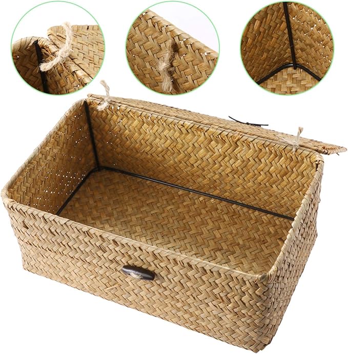 IMIKEYA Seaweed Baskets with Lids: Woven Baskets Seagrass Storage Woven Basket Straw Desktop Rattan Storage Basket Hand-Woven Storage Basket Organizer for Shelf Desktop Home Decor