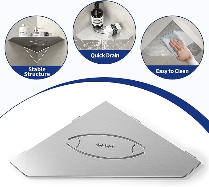 Corner Bathroom Shelf 10", 304 Stainless Steel Pentagonal Heavy Duty Floating Shelf with Football Hollows for Tiled Wall (Brushed)