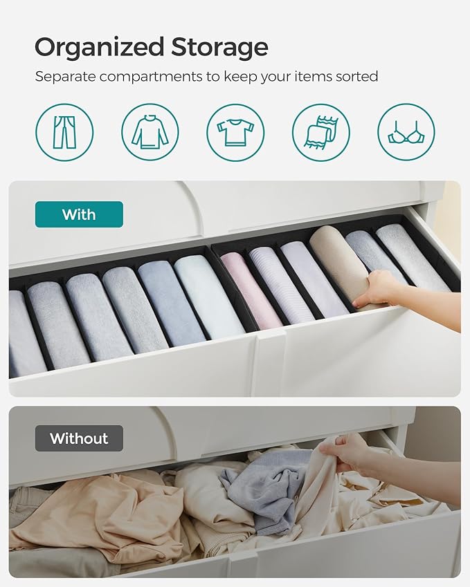 SONGMICS Set of 2 Large Size Wardrobe Clothes Organizers, 6-Compartment Foldable Drawer Organizers with Handles, 16.5 x 11.8 x 6.7 Inches, for Pants, Sweaters, Jeans, Ink Black URUS009B02