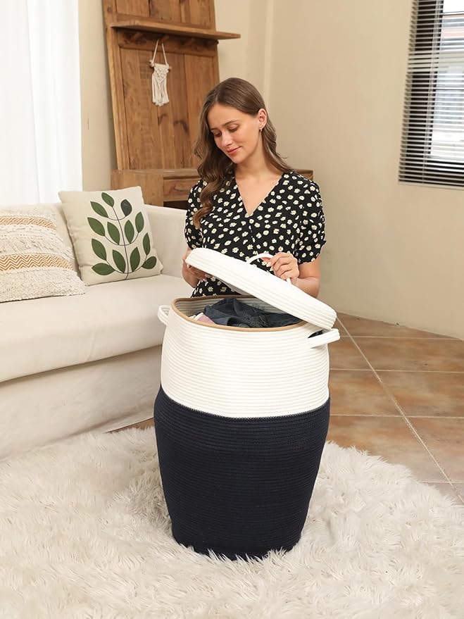 26" x 20" Tall Extra Large Storage Basket with Lid, Cotton Rope Storage Baskets, Woven Laundry Hamper with Cover, for Clothes Blanket in Living Room, Dark Blue/Beige Line