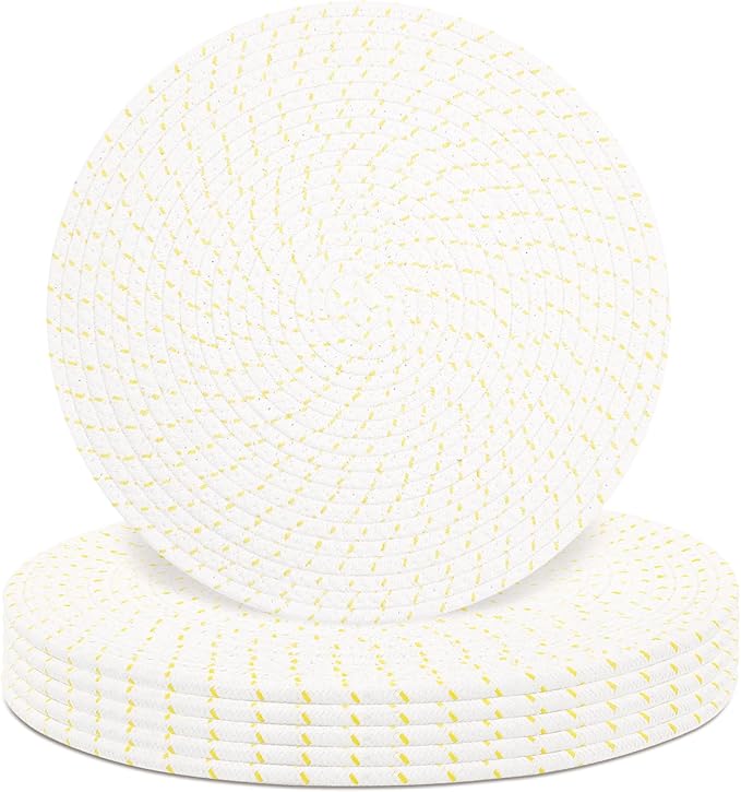 Round Placemats Set of 6, Cotton Rope Woven Table Mats, Hot Pads for Kitchen, Non Slip Heat Resistant Place Mats, 13 Inches Braided Placemat for Farmhouse Decor and Kitchen Table Decor (Beige Line)