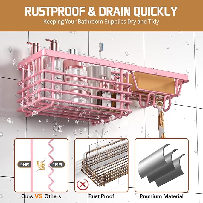 Adhesive Shower Caddy-Rustproof, No Drilling Pink Shower Shelves for Bathroom - Large Capacity with Soap Holder, Pink Bathroom Decor