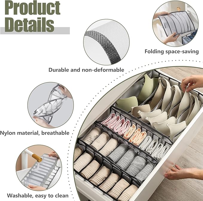 TOOVREN Bra Drawer Organizers, Underwear Wardrobe Organizers Divider, Lingerie Storage Bins, Closet Organizers and Storage Boxes, Foldable Closet Storage Box for Underwear Bra Socks (6 Grids,2 Pack)