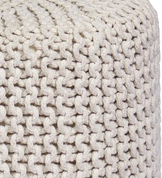 COTTON CRAFT Braided Round Pouf - Hand Knitted Cotton Cord Cable Dori Cylindrical Ottoman - Foot Stool - Floor Pouf - Footrest - Accent Seat - Living Room Bedroom Dorm Décor - 15 Round x 16 H - Ivory