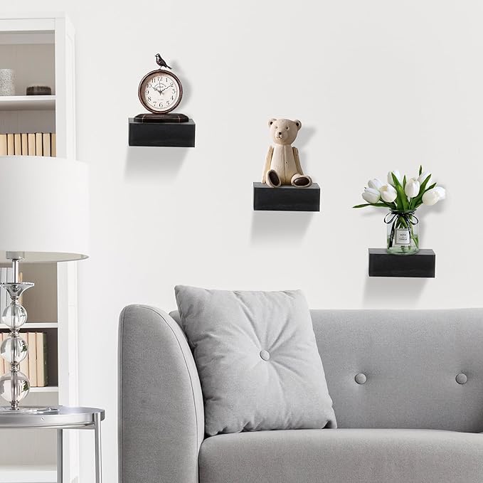 Small Floating Shelf,Set of 3 Display Ledges for Wall,Mini Shelves,Rustic Wood Shelf for Bedroom Living Room Bathroom Kitchen (6 Inch, Black)