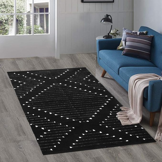 LIVEBOX Boho Black Rug for Kitchen,3' x 5' Washable Area Rug for Entryway,Moroccan Cotton Throw Rugs Morden Indoor Carpet Door Mat for Bedroom Laundry Room Hallway