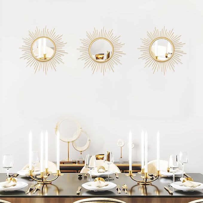 3 Pack Metal Mirrors for Wall Sunburst Wall Mirrors Home Décor Decorative Hanging Wall Art for Living Room Bedroom Entryway (Gold, Sunburst)