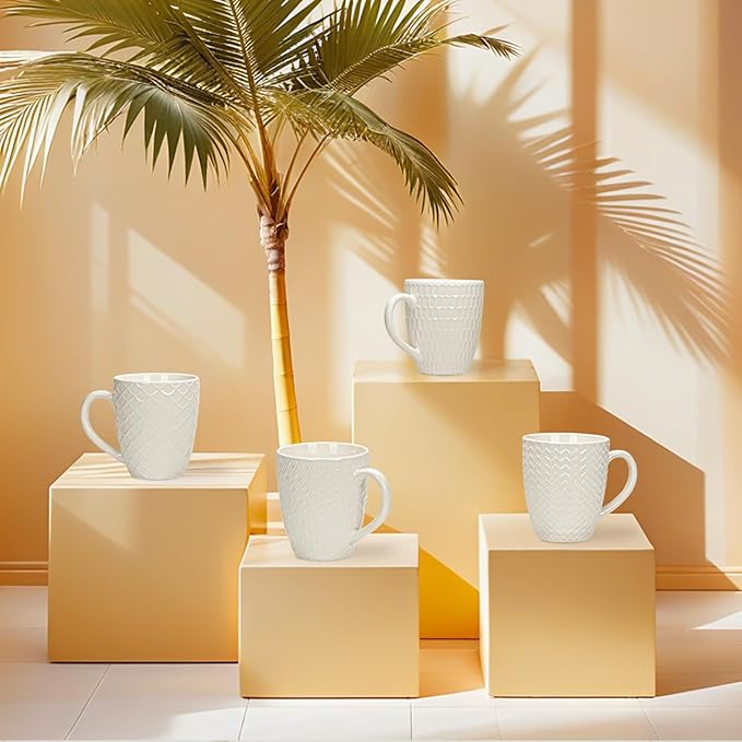 Hoikwo Off White Coffee Mugs Set of 6, Ceramic Cup Set, 17 oz Artistic Drinkware for Coffee, Tea, and Beverages, Family Pack of 6 Unique Patterns, Microwave Safe and Dishwasher Safe