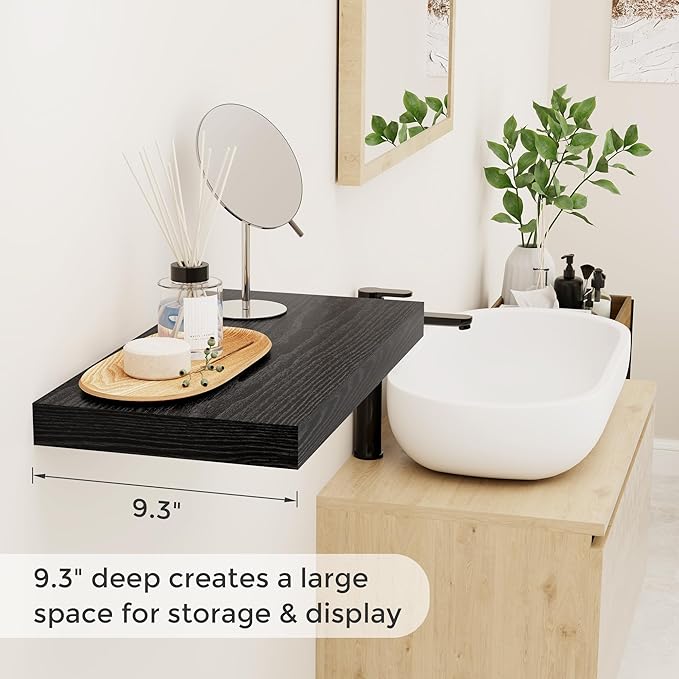 Fun Memories Black Floating Shelves, 9 Inch Deep Floating Shelves for Wall, 16" x 9" Wall Shelves Set of 2, Deep Bathroom Shelves for Home Storage, Wide Black Floating Shelf for Living Room, Kitchen