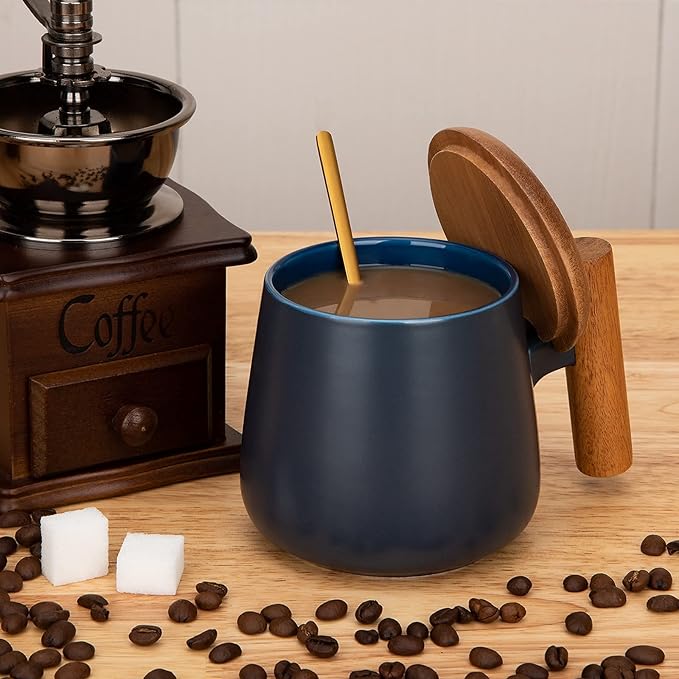 Coffee Mug, 14 Oz Ceramic Tea Mug with Lid and Coffee Spoon for Latte, Cappuccino, Cocoa, Mocha, Birthday Gifts, House Warming Gifts New Home, 1 Pack (Blue)