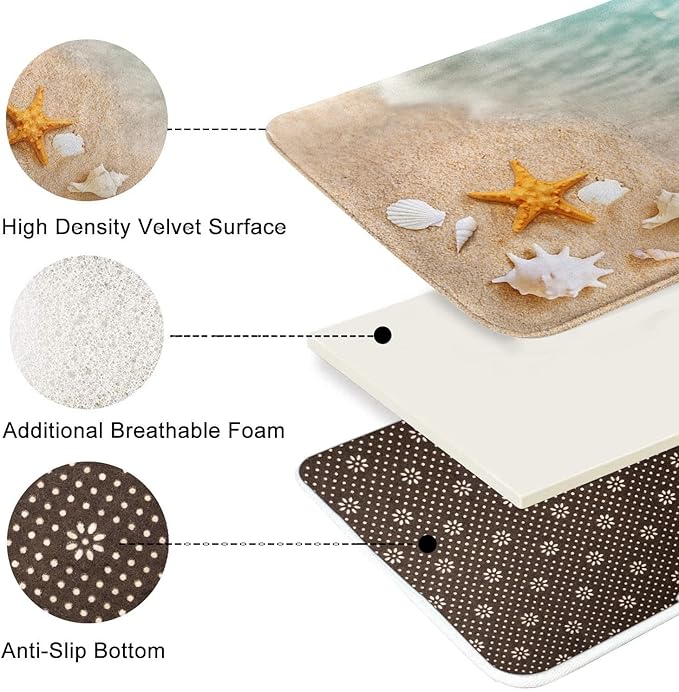 Britimes Bath Mat for Bathroom, Beach Starfish Sea Shell Washable Cover Floor Rug Carpets Floor Mat Bathroom Decorations 16x24 Inches for Kitchen Bedroom Indoor