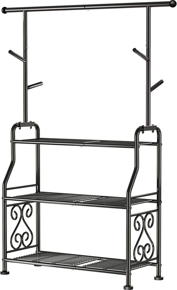 GIOTORENT Outdoor Plant Stand 3-Tier Heavy Duty Metal Shelf for Patio & Indoor Use - Holds 14+ Plants with 5 Hooks, Rust-Proof Plant Holder for Garden, Balcony, Living Room, Black