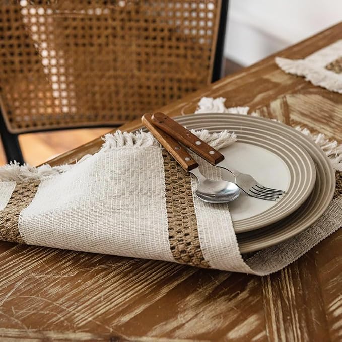 Boho Placemats Set of 4, Burlap Woven Placemat 12x19 Inches, Splicing Woven Rectangular Table Mats, Farmhouse Style Kitchen Table Decor for Rustic Wedding Bridal Shower