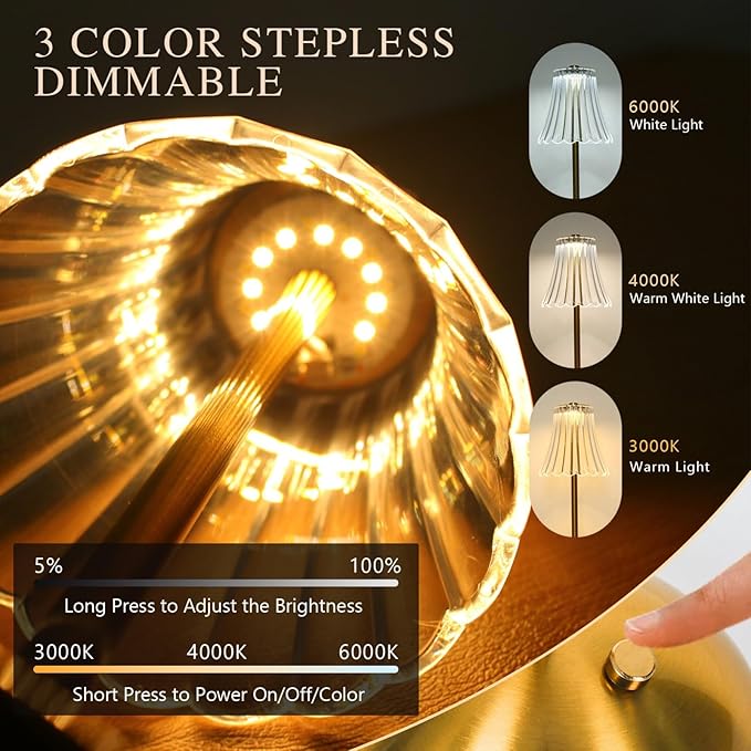 Cordless LED Touch Lamp with Crystal Acrylic Shade, USB Rechargeable, 3-Color Temperature, Dimmable Table Light, Portable Modern Industrial Style Lighting for Bedroom, Office, Patio & Gift Use